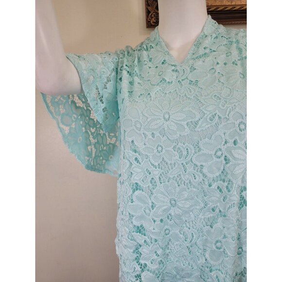 Investments Women's Top Blouse Size S P Petite Nylon Blend Lace V-Neck Aqua (33) - Picture 6 of 11